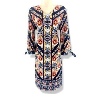 Chico's Size 2 = Large/12 Ikat Multi-Color Print‎ V-Neck Tie-Sleeve Shift Dress